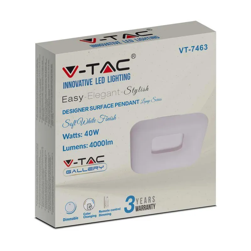 Oprawa Sufitowa Plafoniera V-TAC 40W LED Kwadrat Zmiana Barwy 46x46cm Ściemnianie VT-7463 2700K-6400K 4000LM 3 Lata Gwarancji - Biały