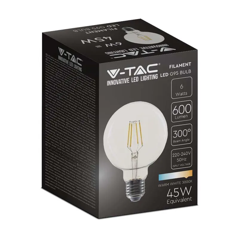 Żarówka LED V-TAC 6W Filament E27 Kula Glob G95 VT-1993 3000K 600LM