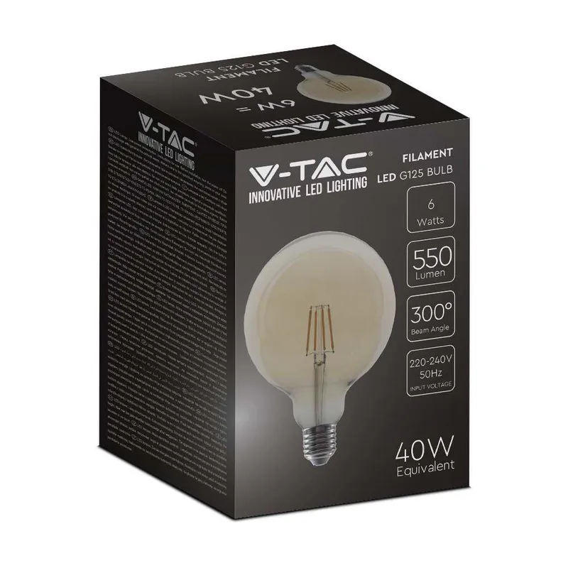 Żarówka LED V-TAC 6W Filament E27 Kula Glob G125 Bursztyn VT-1956 2200K 550LM