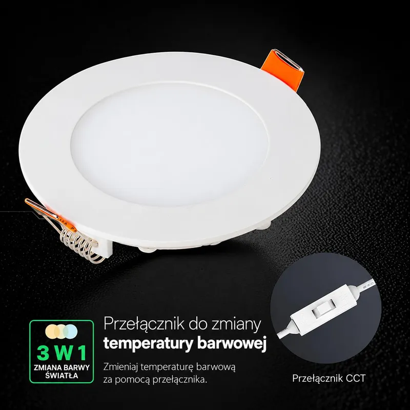 Panel Wpuszczany Downlight V-TAC PRO SLIM 6W LED CREE CHIP Okrągły 120x12mm CCT VT-607CCT 3000K-4000K-6500K 480LM 6 Lat Gwarancji