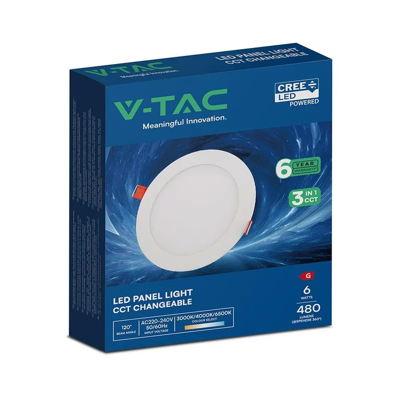 Panel Wpuszczany Downlight V-TAC PRO SLIM 6W LED CREE CHIP Okrągły 120x12mm CCT VT-607CCT 3000K-4000K-6500K 480LM 6 Lat Gwarancji