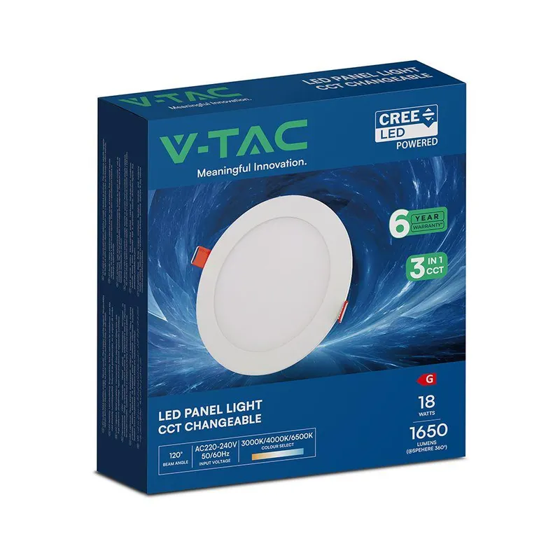 Panel Wpuszczany Downlight V-TAC PRO SLIM 18W LED CREE CHIP Okrągły 225x12mm CCT VT-1807CCT 3000K-4000K-6500K 1650LM 6 Lat Gwarancji