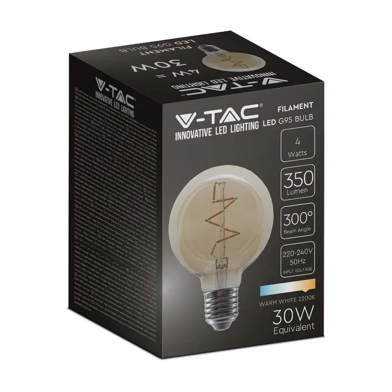 Żarówka LED V-TAC 4W Filament E27 Kula Glob G95 Bursztyn 95x138mm VT-2024-N 2200K 350LM