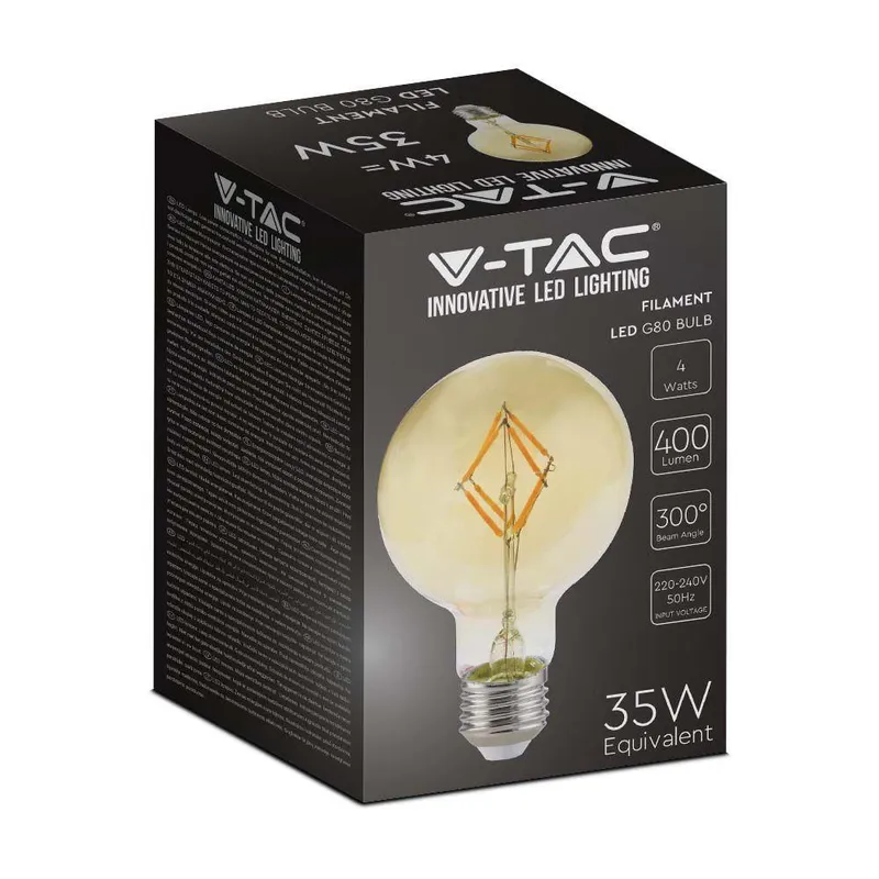 Żarówka LED V-TAC 4W Filament E27 Kula Glob G80 Bursztyn 80x120mm VT-2004-N 2200K 400LM