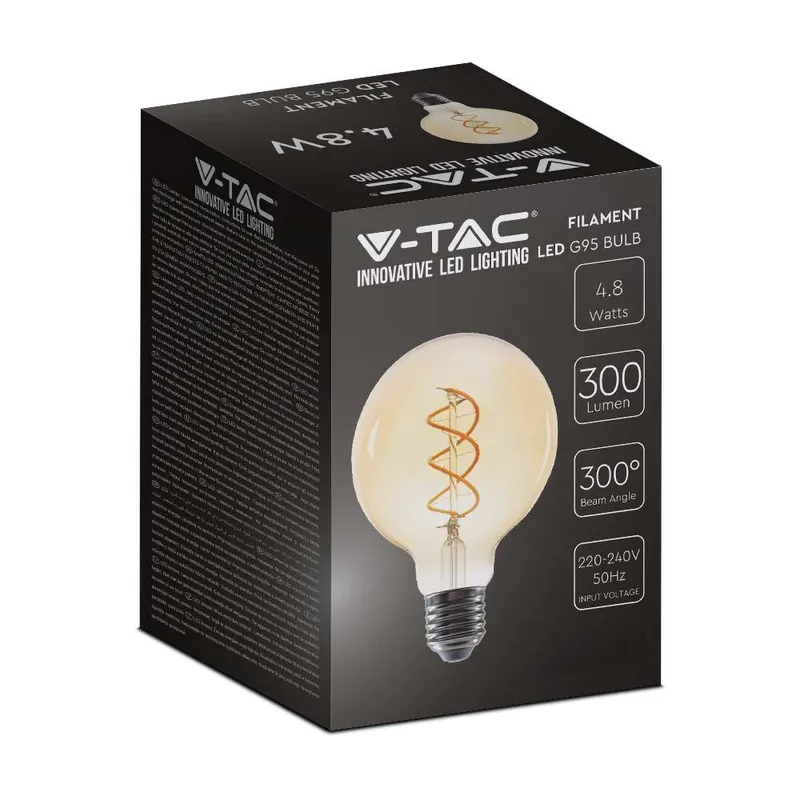 Żarówka LED V-TAC 4,8W Filament E27 Kula Glob G95 Bursztyn 95x138mm VT-2075 2200K 300LM