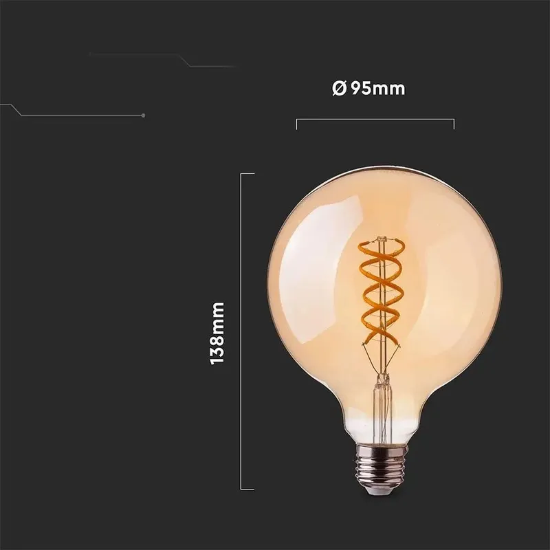 Żarówka LED V-TAC 4,8W Filament E27 Kula Glob G95 Bursztyn 95x138mm VT-2075 2200K 300LM