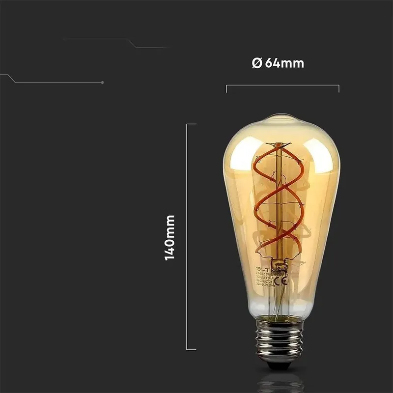 Żarówka LED V-TAC 4,8W E27 Filament Vintage ST64 64x143mm VT-2065-N 1800K 300LM - Złota
