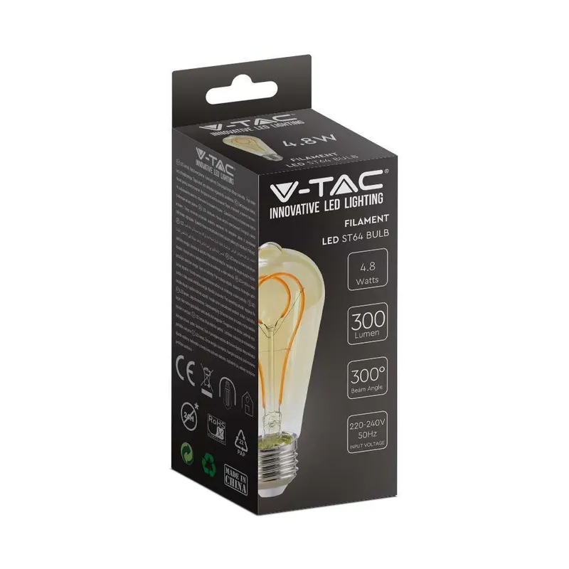 Żarówka LED V-TAC 4,8W E27 Filament Vintage ST64 64x143mm VT-2066-N 1800K 300LM - Złota