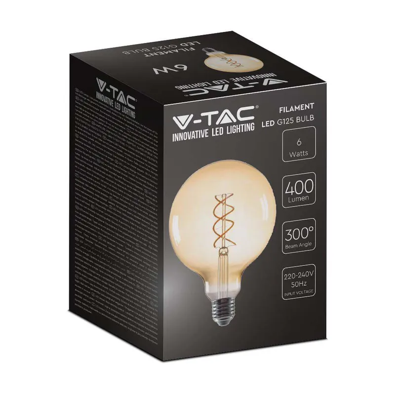 Żarówka LED V-TAC 6W Filament E27 Kula Glob G125 Bursztyn 125x173mm VT-2126 1800K 400LM