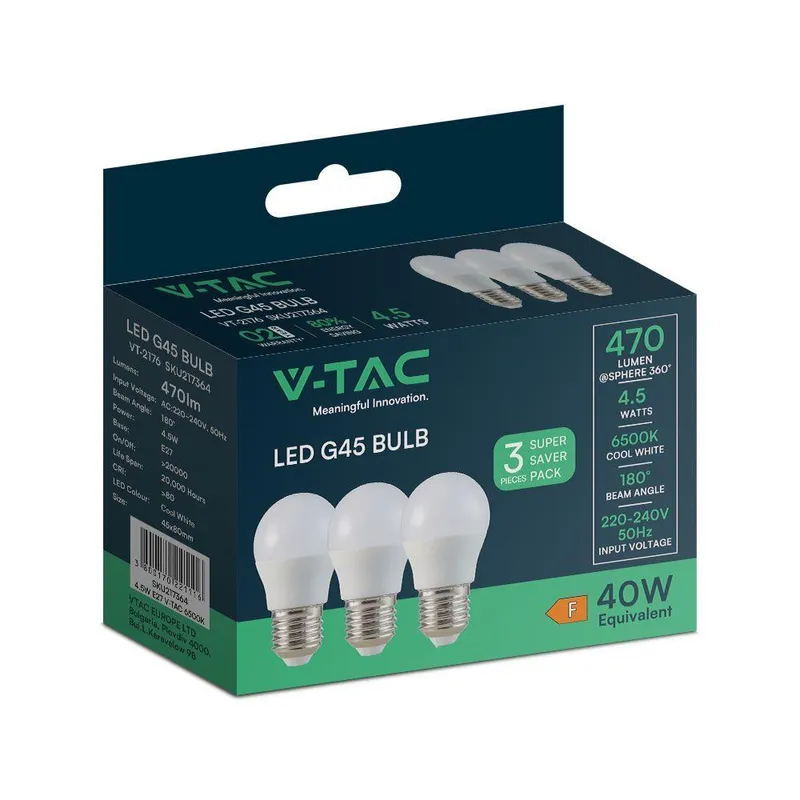 Żarówka LED V-TAC 4,5W E27 G45 P45 Kulka (Opak. 3szt) VT-2176 6500K 470LM