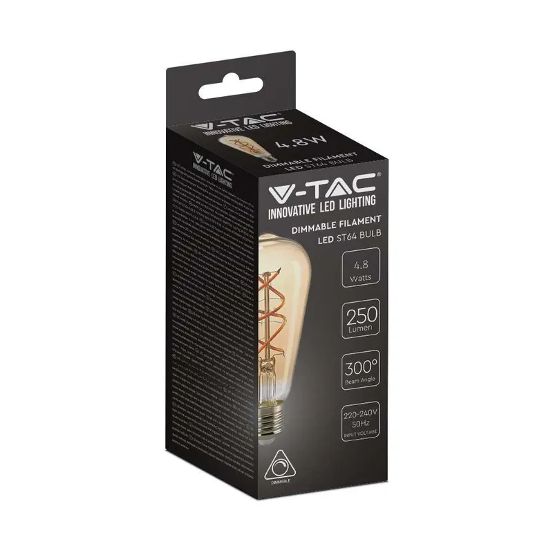 Żarówka LED V-TAC 4,8W E27 Filament Bursztyn Vintage ST64 Ściemnialna VT-2065 2200K 250LM