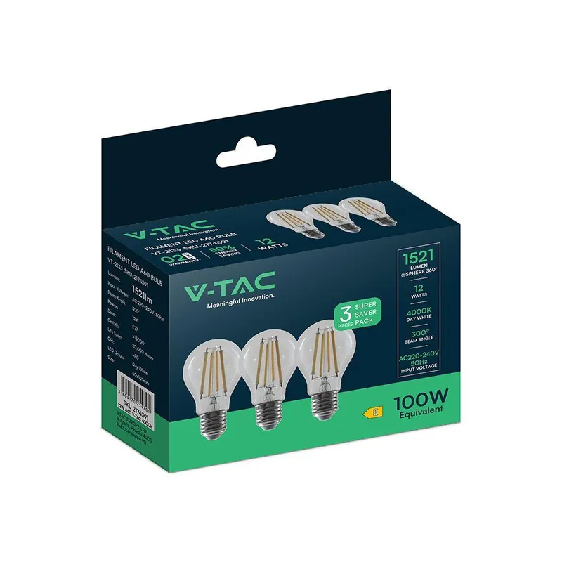 Żarówka LED V-TAC 12W Filament E27 A60 (Opak. 3szt) VT-2133 4000K 1521LM