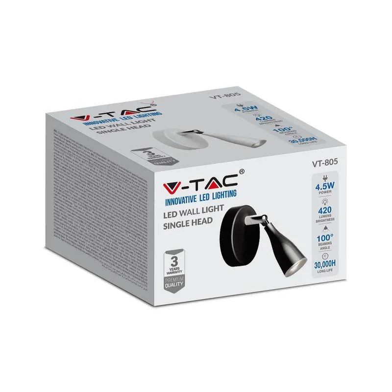 Kinkiet V-TAC 4.5W LED VT-805 4000K 420LM 3 Lata Gwarancji - Czarny