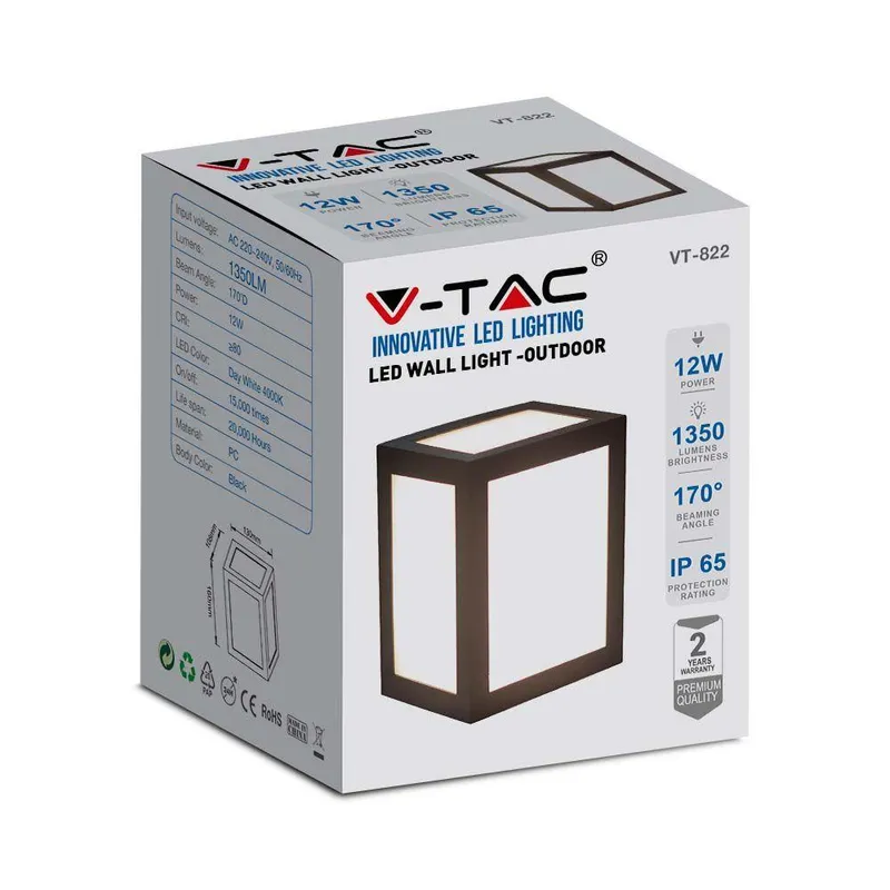 Oprawa Ścienna V-TAC 12W LED IP65 VT-822 3000K 1350LM - Czarna