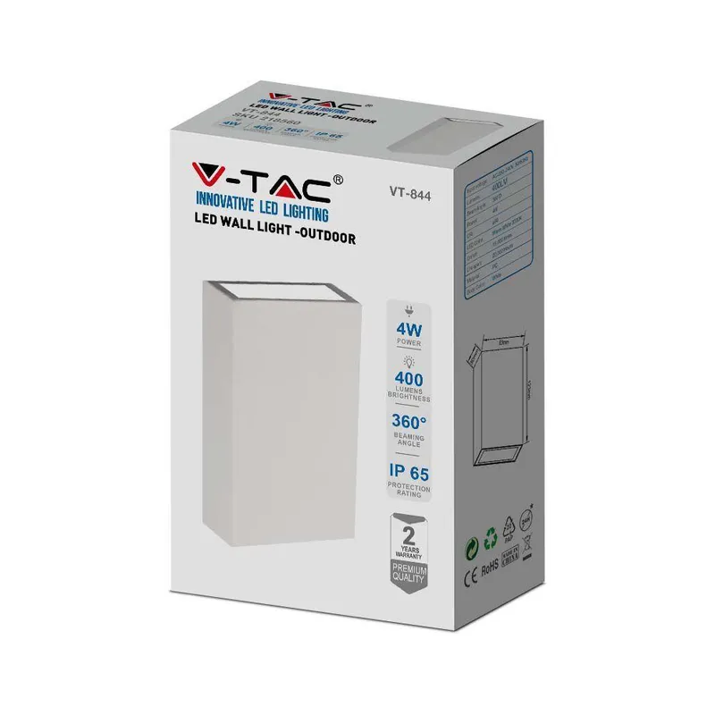 Oprawa Kinkiet Ścienny Góra Dół V-TAC 4W LED IP65 VT-844-W-N 6400K 400LM - Biała