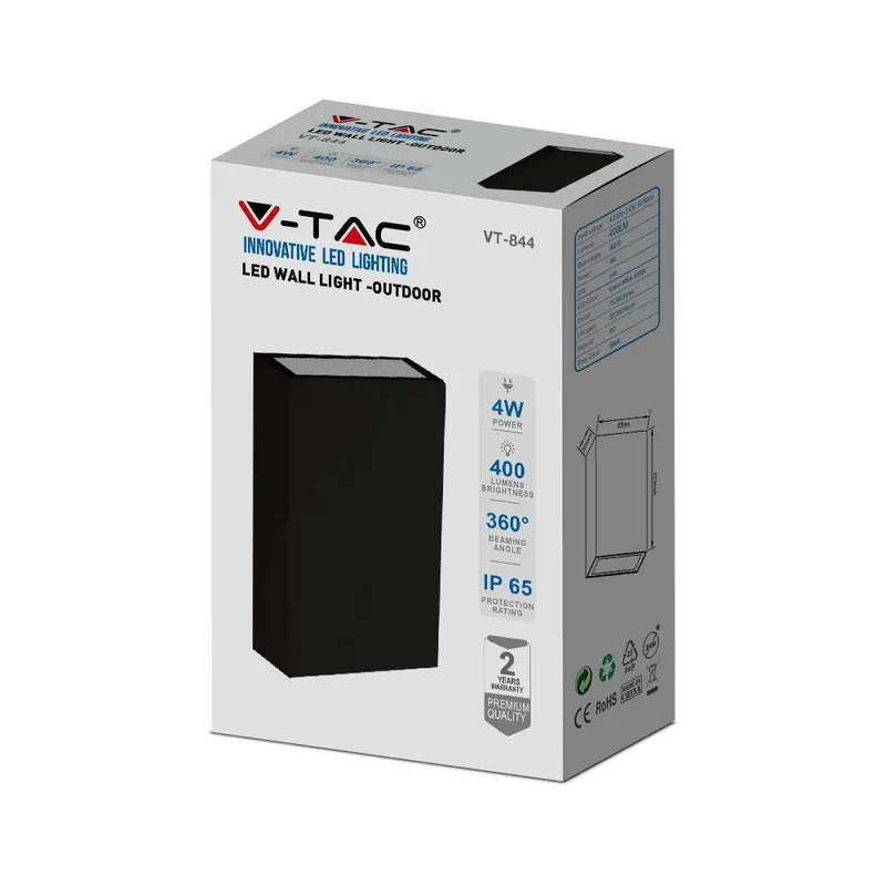 Oprawa Kinkiet Ścienny Góra Dół V-TAC 4W LED IP65 VT-844-B-N 6400K 400LM - Czarna