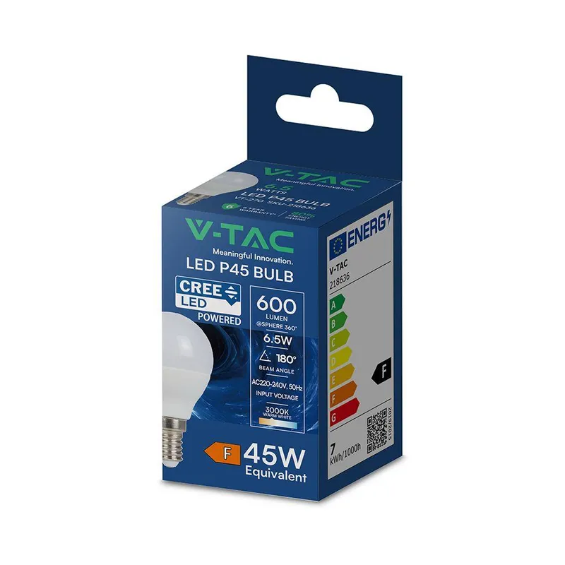 Żarówka LED V-TAC CREE CHIP 6,5W E14 Kulka P45 VT-270 3000K 600LM 6 Lat Gwarancji