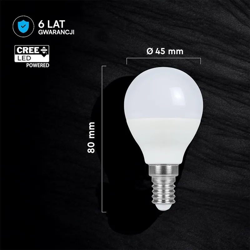 Żarówka LED V-TAC CREE CHIP 6,5W E14 Kulka P45 VT-270 4000K 600LM 6 Lat Gwarancji