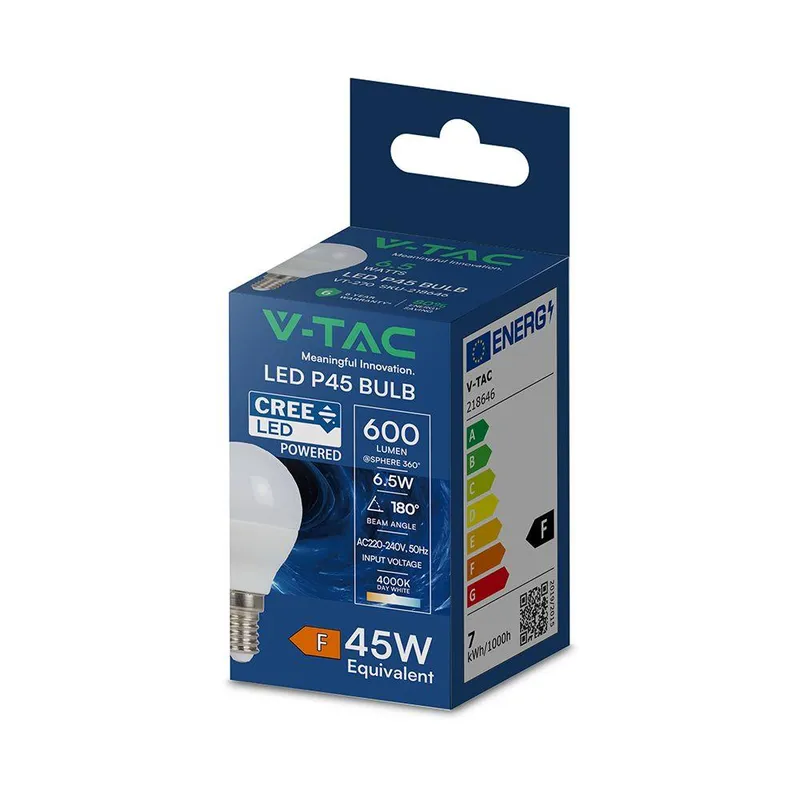 Żarówka LED V-TAC CREE CHIP 6,5W E14 Kulka P45 VT-270 4000K 600LM 6 Lat Gwarancji