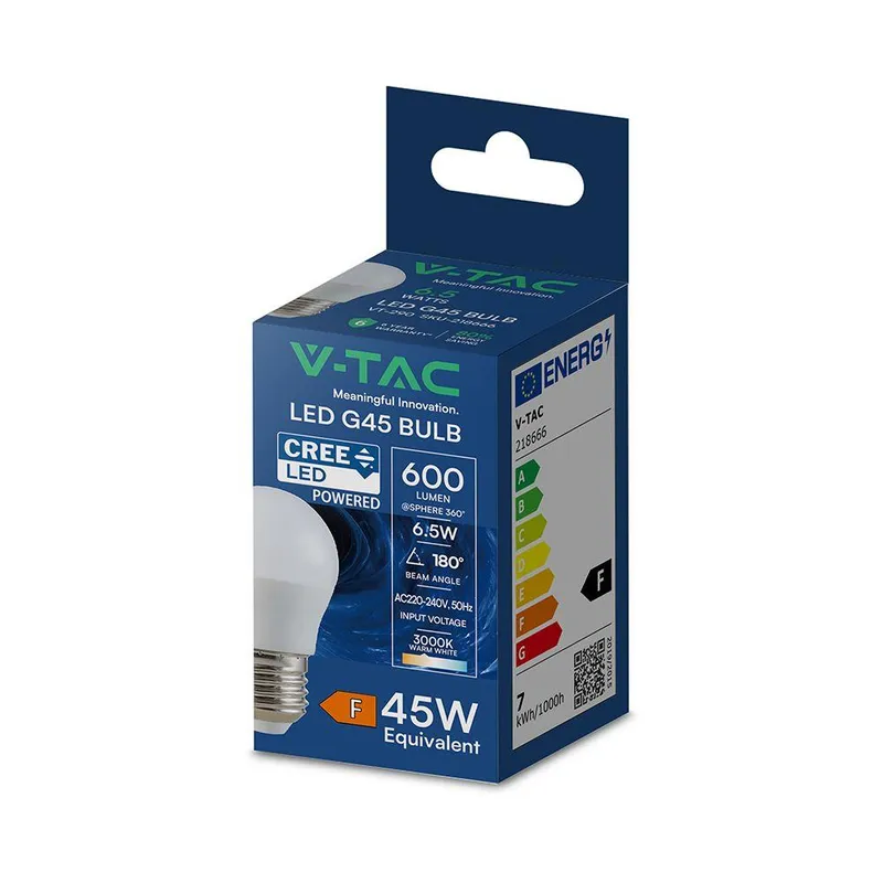 Żarówka LED V-TAC CREE CHIP 6,5W E27 Kulka G45 VT-290 3000K 600LM 6 Lat Gwarancji