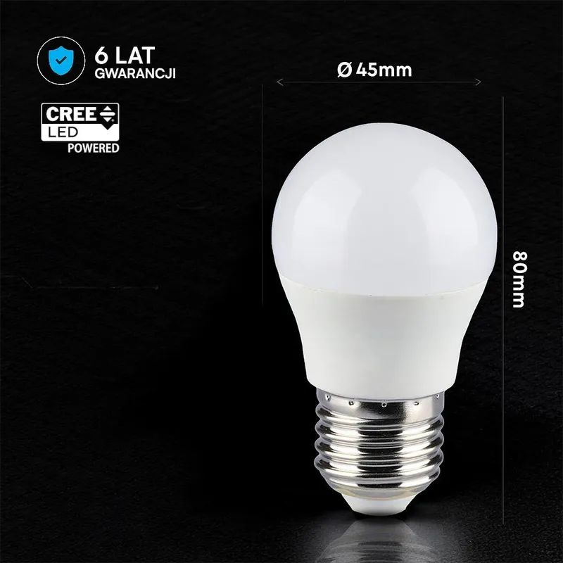 Żarówka LED V-TAC CREE CHIP 6,5W E27 Kulka G45 VT-290 6500K 600LM 6 Lat Gwarancji