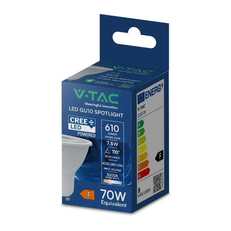 Żarówka LED V-TAC CREE CHIP GU10 7,5W 110ST VT-292 3000K 610LM 6 Lat Gwarancji
