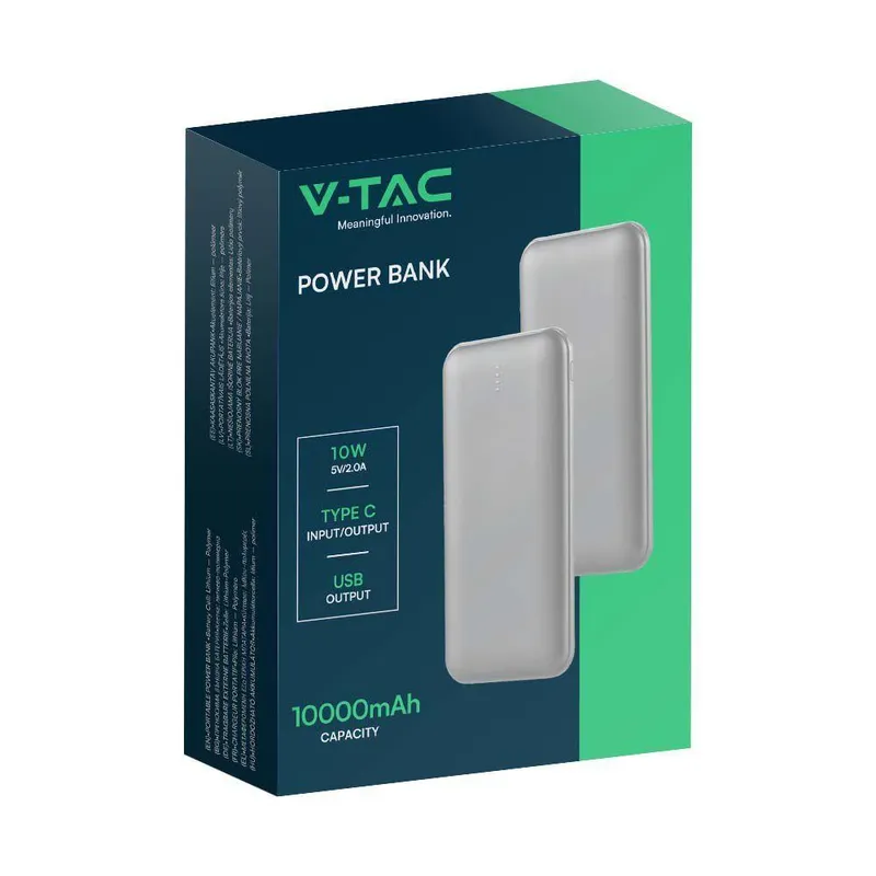 Power Bank V-TAC 10000mAh Slim Type C VT-3527 - Srebrny
