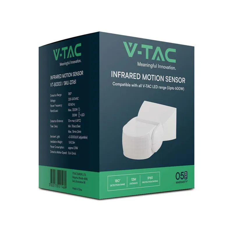 Czujnik Ruchu Podczerwień Ścienny V-TAC 180ST 1200W IP65 VT-80300 5 Lat Gwarancji - Biały