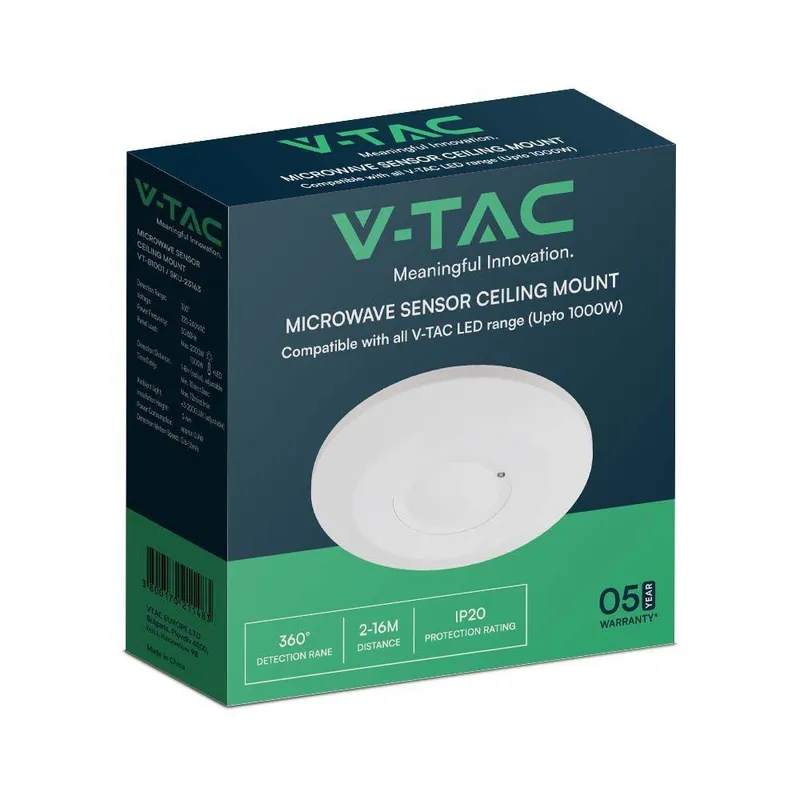 Czujnik Ruchu 360ST V-TAC Mikrofalowy Natynkowy Sufitowy Slim 24mm 2000W VT-81001 5 Lat Gwarancji - Biały