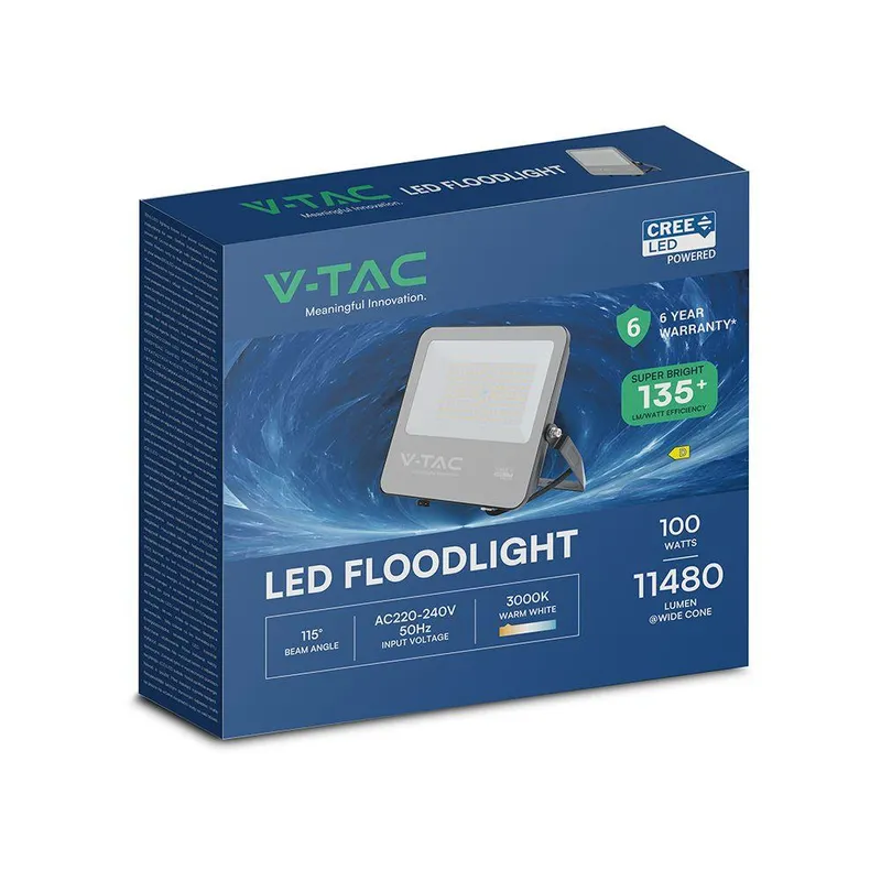 Naświetlacz LED V-TAC CREE CHIP 100W 135LM/W Przewód 1m IP65 VT-44101 6500K 11480LM 6 Lat Gwarancji