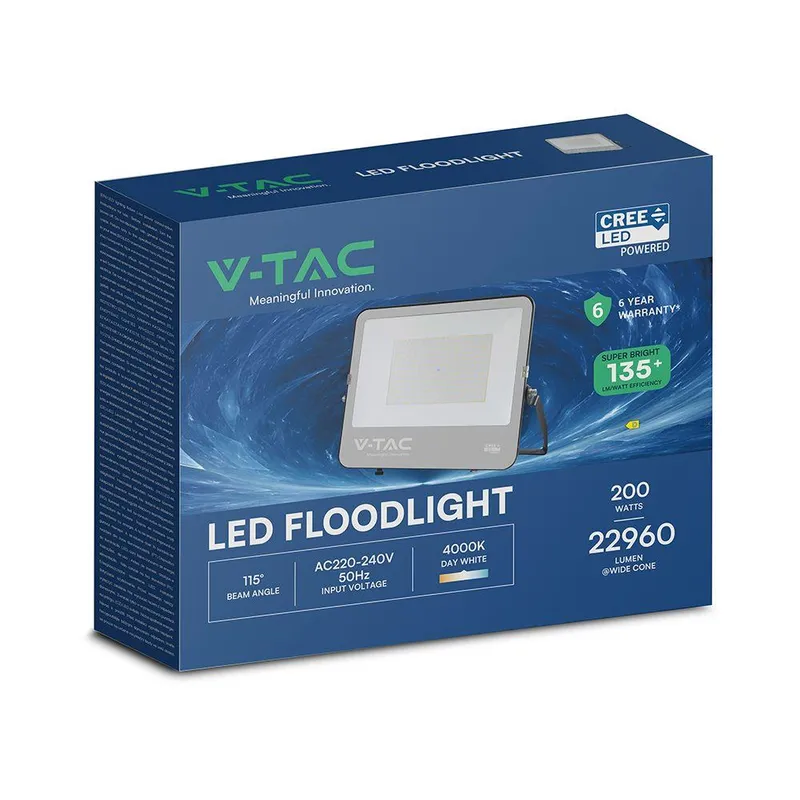 Naświetlacz LED V-TAC CREE CHIP 200W 135LM/W Przewód 1m IP65 VT-44201 6500K 22960LM 6 Lat Gwarancji