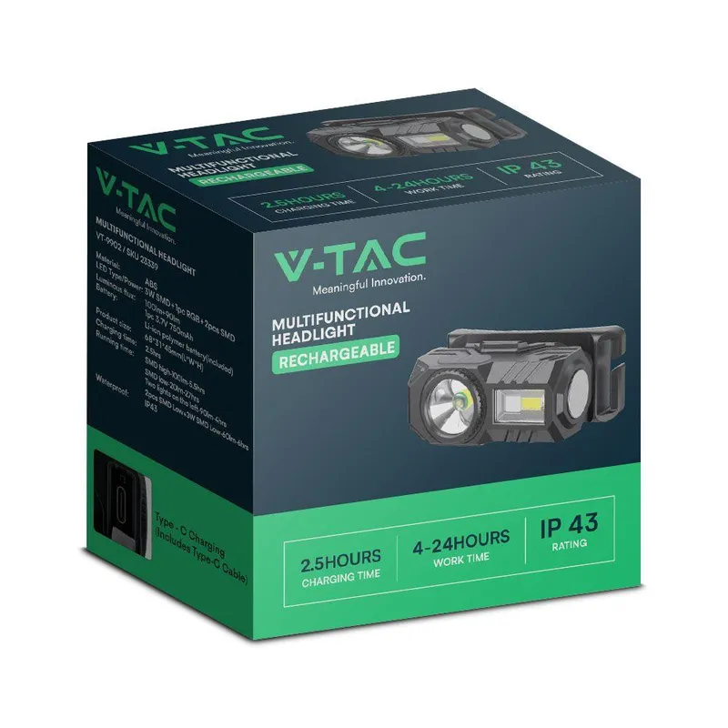 Latarka 3w1 Czołowa Rowerowa V-TAC 3W SMD Ładowanie USB-C IP43 VT-9902 190LM