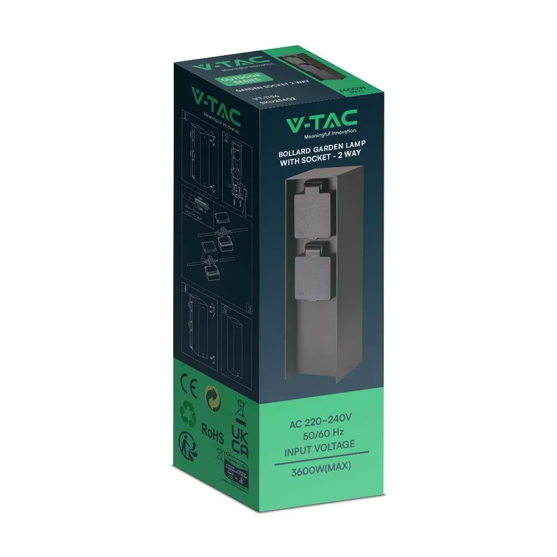 Słupek Ogrodowy V-TAC 2 Gniazda 2X16A 23cm 3600W IP44 Grafit VT-1196 3 Lata Gwarancji