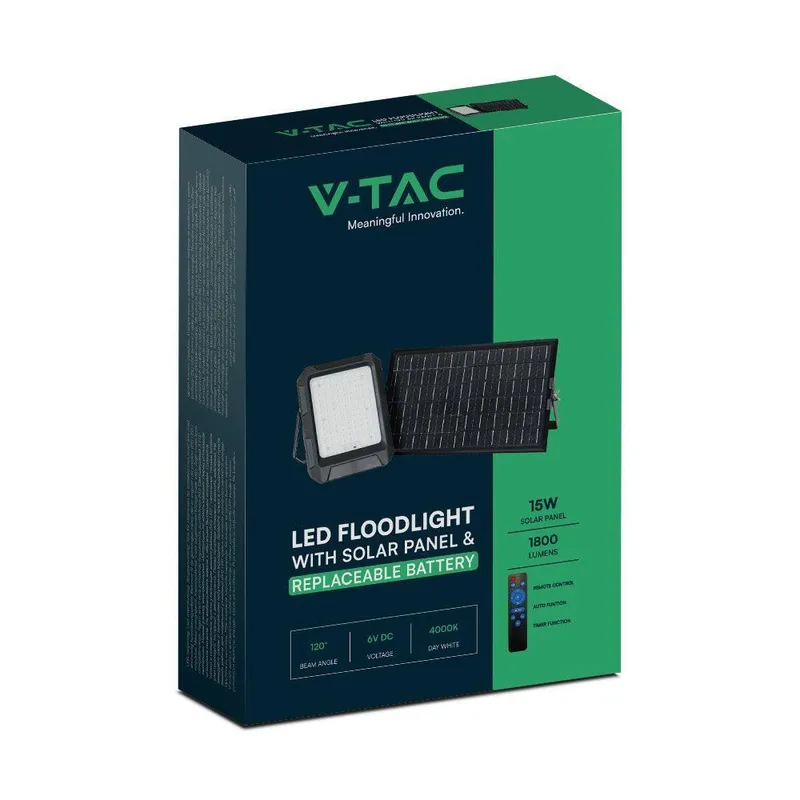 Naświetlacz LED Solarny V-TAC 15W Pilot Auto Timer IP65 VT-102W 4000K 1800LM - Czarny