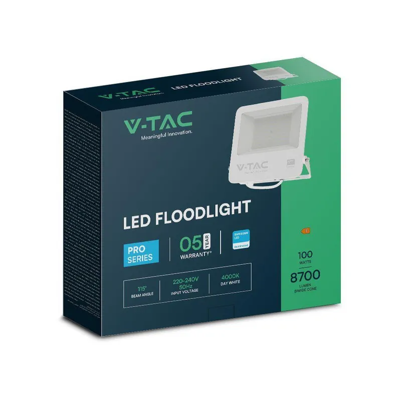 Naświetlacz LED V-TAC 100W 100LM/W Przewód 1mb SAMSUNG CHIP VT-44104 6500K 8700LM 5 Lat Gwarancji - Biały