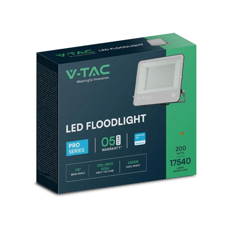 Naświetlacz LED V-TAC 200W 100LM/W Przewód 1mb SAMSUNG CHIP VT-44204 6500K 17540LM 5 Lat Gwarancji - Czarny