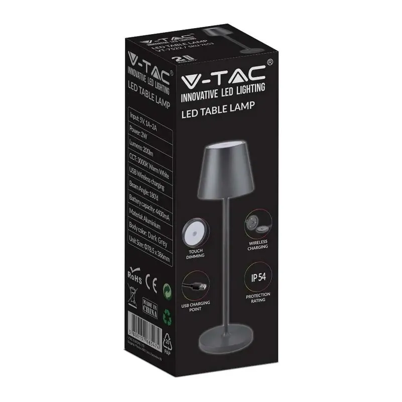 Lampka Stołowa Nocna V-TAC 1,5W LED 27,5cm Ładowanie Ściemnianie IP54 VT-7997 3000K 150LM - Czarna