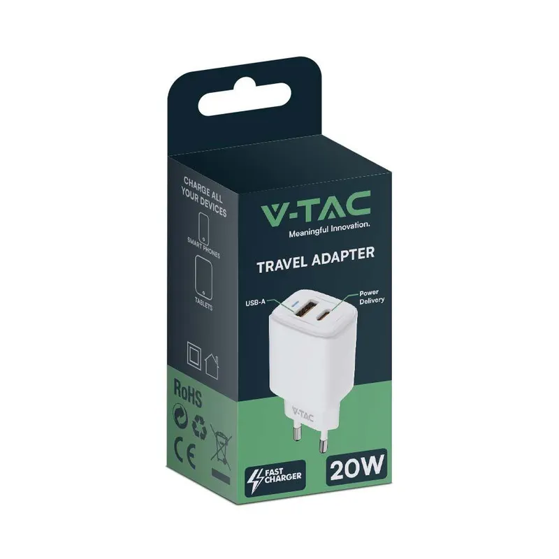 Ładowarka USB V-TAC Szybka 20W Mini Dual USB Type-A Type-C VT-3530 - Biała