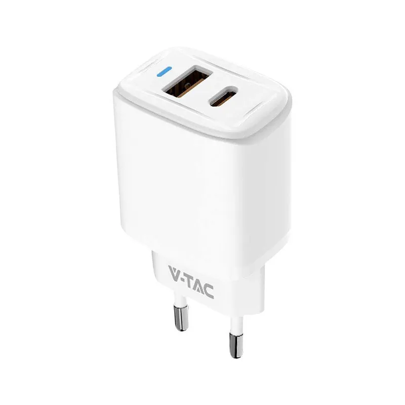Ładowarka USB V-TAC Szybka 20W Mini Dual USB Type-A Type-C VT-3530 - Biała