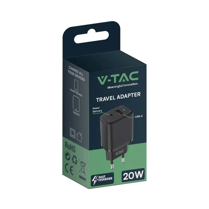 Ładowarka USB V-TAC Szybka 20W Mini Dual USB Type-A Type-C VT-3530 - Czarna