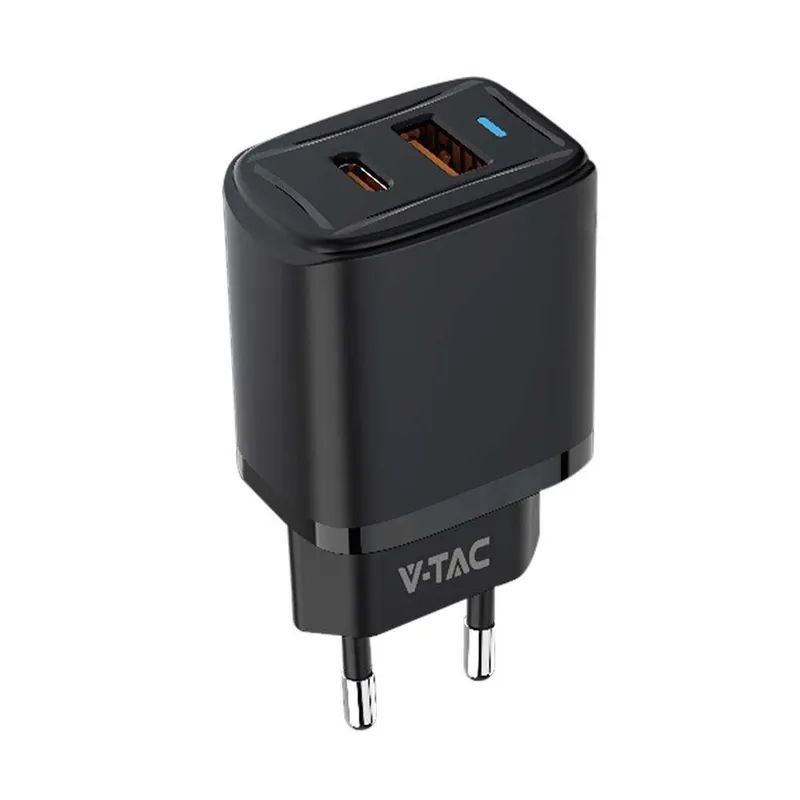 Ładowarka USB V-TAC Szybka 20W Mini Dual USB Type-A Type-C VT-3530 - Czarna