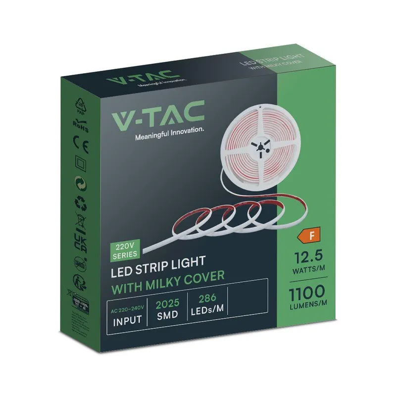 Taśma LED 230V V-TAC Bezpunktowa COB 286LED/M 12,5W/M Rolka 5mb VT-2025 286-5M 3000K 1100LM