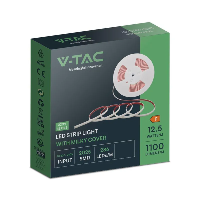 Taśma LED 230V V-TAC Bezpunktowa COB 286LED/M 12,5W/M Rolka 10mb VT-2025 286-10M 6500K 1100LM