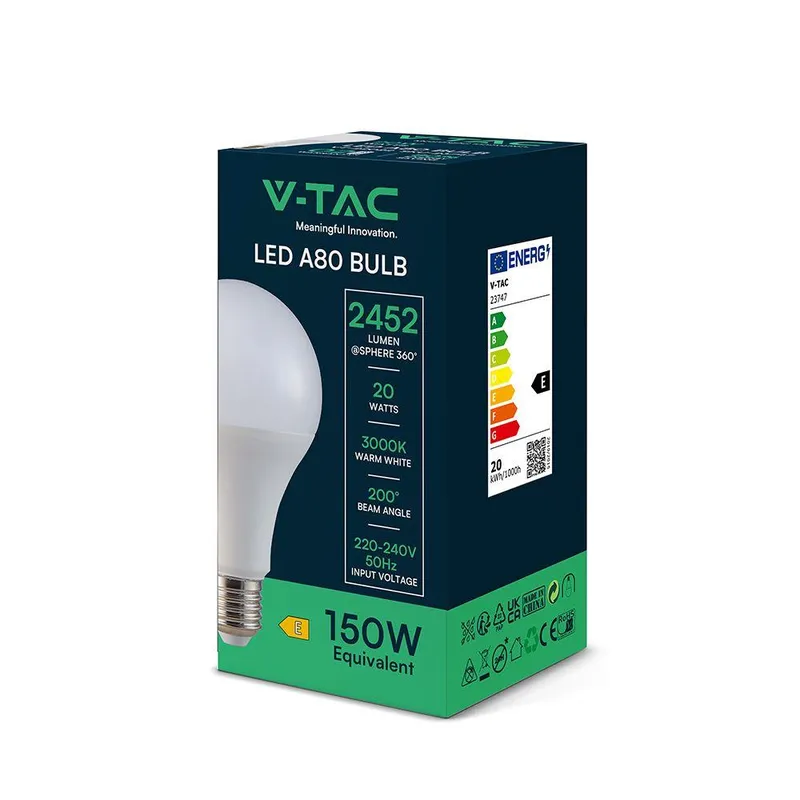 Żarówka LED V-TAC 20W A80 E27 80x155mm VT-22022 3000K 2452LM