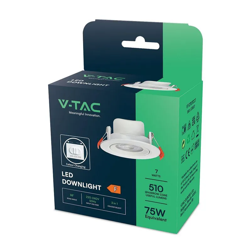 Oczko LED V-TAC 7W Downlight 3w1 VT-2707CCT 3000K-4000K-6500K 510LM 5 Lat Gwarancji - Białe