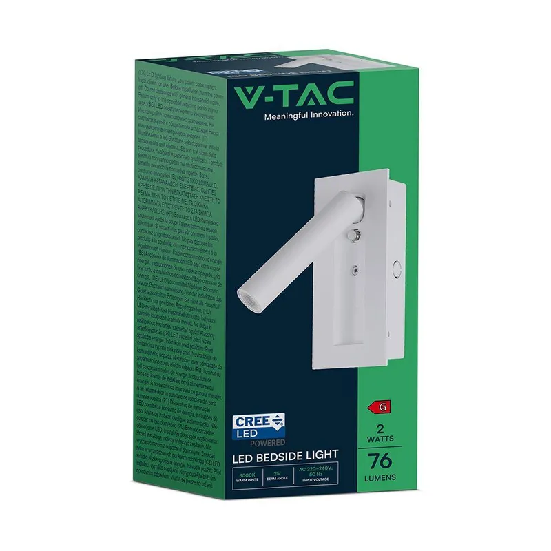 Oprawa LED V-TAC 2W COB CREE Kinkiet Hotel Łóżko Włącznik VT-88061-W 3000K 76LM - Biały