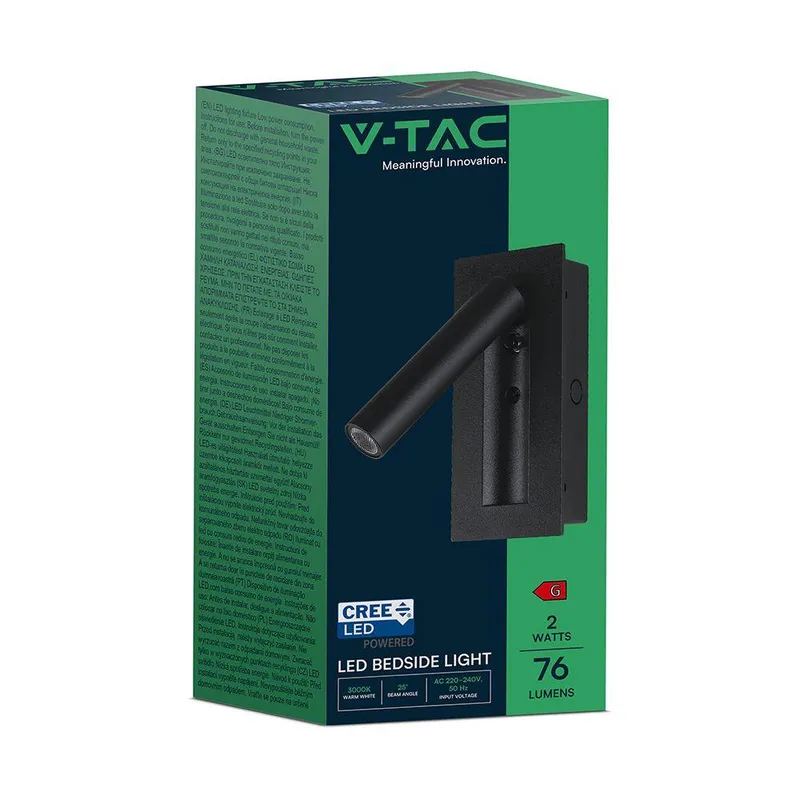 Oprawa LED V-TAC 2W COB CREE Kinkiet Hotel Łóżko Włącznik VT-88061-B 3000K 76LM - Czarny