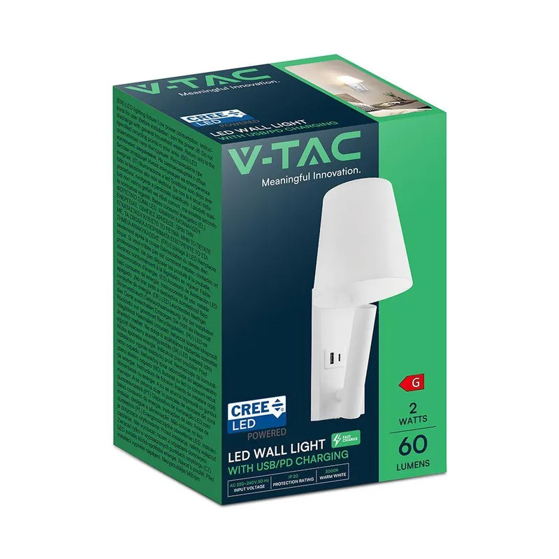 Oprawa LED V-TAC 2W COB CREE Kinkiet Hotel Łóżko USB+USB C Klosz VT-80062-W 3000K 60LM - Biały
