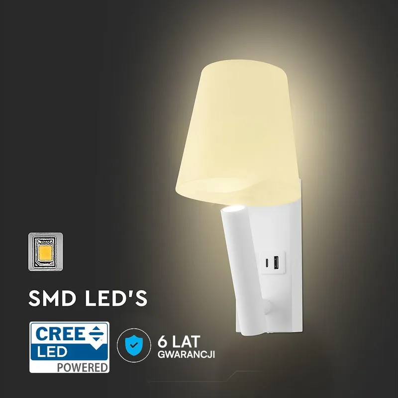 Oprawa LED V-TAC 2W COB CREE Kinkiet Hotel Łóżko USB+USB C Klosz VT-80062-W 3000K 60LM - Biały