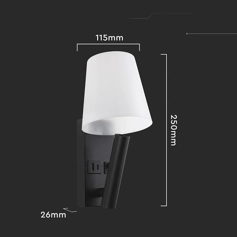 Oprawa LED V-TAC 2W COB CREE Kinkiet Hotel Łóżko USB+USB C Klosz VT-88062-B 3000K 60LM - Czarny